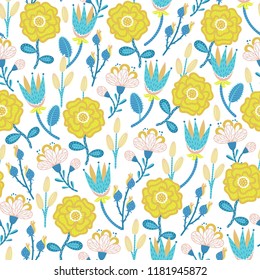 Floral seamless pattern. Hand drawn creative flowers. Colorful artistic background with blossom. Abstract herb. It can be used for wallpaper, textiles, wrapping, card, print on clothes. Vector, eps10
