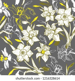 Floral seamless pattern with hand drawn flowers daffodils, narcissus. Monochrome floral elements on grey background. Vector Illustration