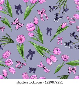 Floral seamless pattern  of  hand drawn graphic  and colored sketch with tulip and iris flowers and leaves   on violet background. Vector illustration.