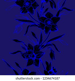 Floral seamless pattern with hand drawn flowers Daffodils. Magic botanical trendy elements on dark phantom blue background. For create textile, fabric, wallpaper, packaging,, greeting card design. 