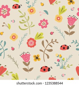 Floral seamless pattern hand drawn summer spring pastel background Vector illustration Tulips ladybug meadow flower Cute kids garden design for wallpaper Repeated decorative template Forest.
