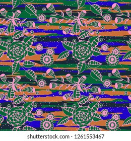 Floral Seamless Pattern with Hand Drawn Flowers and Grunge Brush Strokes for, Textile, Swimwear, Chintz. Mixed, Retro Vector with Geometric and Botanical Elements. Floral Vector Pattern.