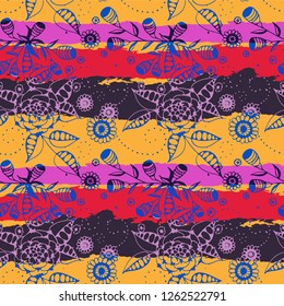 Floral Seamless Pattern with Hand Drawn Flowers and Grunge Brush Strokes for, Tablecloth, Cloth, Chintz. Mixed, Girlie Vector with Geometric and Botanical Elements. Floral Vector Pattern.