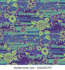 Floral Seamless Pattern with Hand Drawn Flowers and Grunge Brush Strokes for, Print, Chintz, Textile. Mixed, Bright Vector with Geometric and Botanical Elements. Floral Vector Pattern.