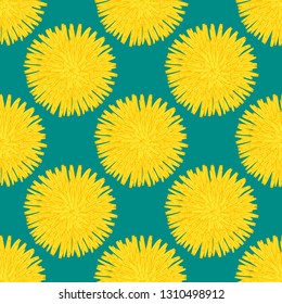 Floral seamless pattern. Hand drawn yellow head of dandelion officinale. Wildflower. Taraxacum. Design for wallpaper, textiles, wrapping, card, print on clothes, packaging. Vector illustration, eps10