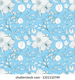 Floral seamless pattern. Hand drawn vintage flowers and leaves. Vector botanical floral set.
