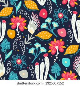 Floral seamless pattern. Hand drawn creative flowers. Colorful artistic background with blossom. Abstract herb. It can be used for wallpaper, textiles, wrapping, card. Vector illustration, eps10