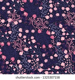 Floral seamless pattern. Hand drawn creative flowers. Colorful artistic background with blossom. Abstract herb. It can be used for wallpaper, textiles, wrapping, card. Vector illustration, eps10