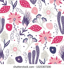 Floral seamless pattern. Hand drawn creative flowers. Colorful artistic background with blossom. Abstract herb. It can be used for wallpaper, textiles, wrapping, card. Vector illustration, eps10