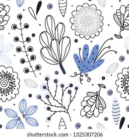 Floral seamless pattern. Hand drawn creative flowers. Colorful artistic background with blossom. Abstract herb. It can be used for wallpaper, textiles, wrapping, card. Vector illustration, eps10