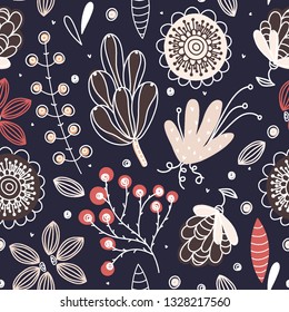 Floral seamless pattern. Hand drawn creative flowers. Colorful artistic background with blossom. Abstract herb. It can be used for wallpaper, textiles, wrapping, card. Vector illustration, eps10