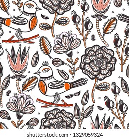 Floral seamless pattern. Hand drawn abstract creative flowers and bird with stroke. Colorful artistic background with blossom. Wallpaper, textiles, wrapping, card, print on clothes. Vector, eps10