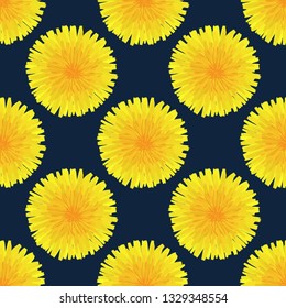 Floral seamless pattern. Hand drawn yellow head of dandelion officinale. Wildflower. Taraxacum. Design for wallpaper, textiles, wrapping, card, print on clothes, packaging. Vector illustration, eps10
