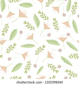 Floral seamless pattern. Hand drawn flat color illustrations for background, stationary or fabric.  Vector.