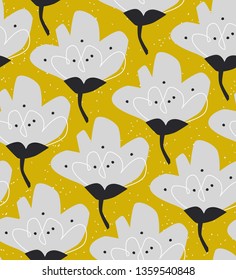Floral seamless pattern with hand drawn ornament in scandinavian style. Abstract background with flower, vector illustration for print, design, fabric.