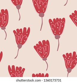 Floral seamless pattern with hand drawn ornament in scandinavian style. Abstract background with pink flower, vector illustration for print, design, fabric.