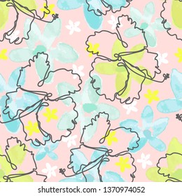floral seamless pattern with hand drawn watercolor flowers and line art style  hibiscus tropical flowers background
