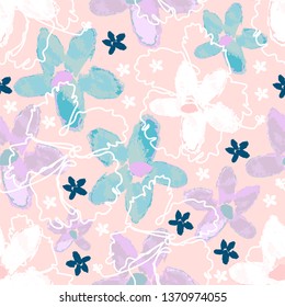 floral seamless pattern with hand drawn watercolor flowers and line art style  hibiscus tropical flowers background