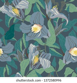 floral seamless pattern with hand drawn clematis flower