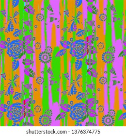 Floral Seamless Pattern with Hand Drawn Flowers and Grunge Brush Strokes for, Wallpaper, Swimwear, Curtains. Mixed, Retro Vector with Geometric and Botanical Elements. Floral Vector Pattern.