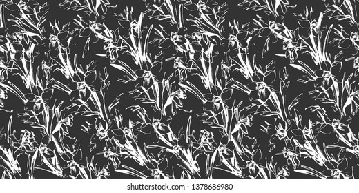 Floral seamless pattern with hand drawn summer flowers daffodils, narcissus. Colorful floral elements on dark background. Vector Illustration