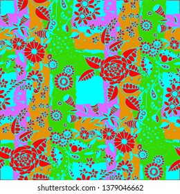 Floral Seamless Pattern with Hand Drawn Flowers and Grunge Brush Strokes for, Fabric, Dress, Chintz. Mixed, Vintage Vector with Geometric and Botanical Elements. Floral Vector Pattern.