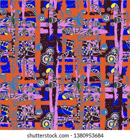 Floral Seamless Pattern with Hand Drawn Flowers and Grunge Brush Strokes for, Tablecloth, Cloth, Fabric. Mixed, Colorful Vector with Geometric and Botanical Elements. Floral Vector Pattern.