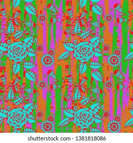 Floral Seamless Pattern with Hand Drawn Flowers and Grunge Brush Strokes for, Wallpaper, Fabric, Print. Mixed, Vintage Vector with Geometric and Botanical Elements. Floral Vector Pattern.