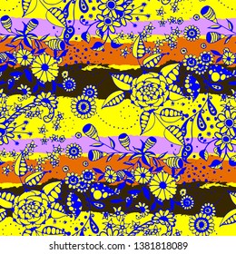 Floral Seamless Pattern with Hand Drawn Flowers and Grunge Brush Strokes for, Fabric, Cloth, Tablecloth. Mixed, Colorful Vector with Geometric and Botanical Elements. Floral Vector Pattern.