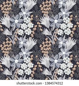 Floral seamless pattern. Hand drawn creative flowers. Colorful artistic background with blossom. Abstract herb. It can be used for wallpaper, textiles, wrapping, card. Vector illustration, eps10