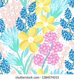 Floral seamless pattern. Hand drawn creative flowers. Colorful artistic background with blossom. Abstract herb. It can be used for wallpaper, textiles, wrapping, card. Vector illustration, eps10