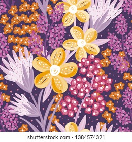 Floral seamless pattern. Hand drawn creative flowers. Colorful artistic background with blossom. Abstract herb. It can be used for wallpaper, textiles, wrapping, card. Vector illustration, eps10