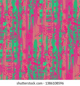 Floral Seamless Pattern with Hand Drawn Flowers and Grunge Brush Strokes for, Cloth, Print, Chintz. Mixed, Trendy Vector with Geometric and Botanical Elements. Floral Vector Pattern.