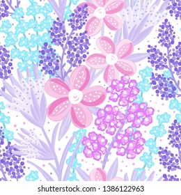Floral seamless pattern. Hand drawn creative flowers. Colorful artistic background with blossom. Abstract herb. It can be used for wallpaper, textiles, wrapping, card. Vector illustration, eps10