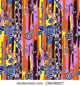 Floral Seamless Pattern with Hand Drawn Flowers and Grunge Brush Strokes for, Textile, Shirt, Paper. Mixed, Girlie Vector with Geometric and Botanical Elements. Floral Vector Pattern.