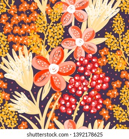 Floral seamless pattern. Hand drawn creative flowers. Colorful artistic background with blossom. Abstract herb. It can be used for wallpaper, textiles, wrapping, card. Vector illustration, eps10