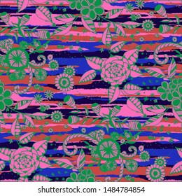 Floral Seamless Pattern with Hand Drawn Flowers and Grunge Brush Strokes for, Print, Cloth, Paper. Mixed, Trendy Vector with Geometric and Botanical Elements. Floral Vector Pattern.