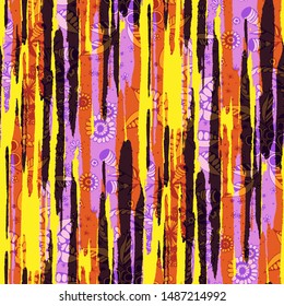 Floral Seamless Pattern with Hand Drawn Flowers and Grunge Brush Strokes for, Curtains, Textile, Wallpaper. Mixed, Colorful Vector with Geometric and Botanical Elements. Floral Vector Pattern.