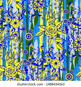Floral Seamless Pattern with Hand Drawn Flowers and Grunge Brush Strokes for, Print, Dress, Curtains. Mixed, Trendy Vector with Geometric and Botanical Elements. Floral Vector Pattern.