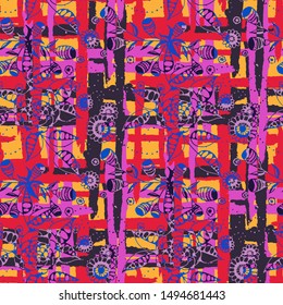 Floral Seamless Pattern with Hand Drawn Flowers and Grunge Brush Strokes for, Print, Tablecloth, Fabric. Mixed, Retro Vector with Geometric and Botanical Elements. Floral Vector Pattern.