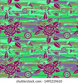 Floral Seamless Pattern with Hand Drawn Flowers and Grunge Brush Strokes for, Textile, Tablecloth, Wallpaper. Mixed, Retro Vector with Geometric and Botanical Elements. Floral Vector Pattern.