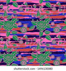 Floral Seamless Pattern with Hand Drawn Flowers and Grunge Brush Strokes for, Fabric, Textile, Cloth. Mixed, Girlie Vector with Geometric and Botanical Elements. Floral Vector Pattern.