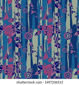 Floral Seamless Pattern with Hand Drawn Flowers and Grunge Brush Strokes for, Curtains, Tablecloth, Swimwear. Mixed, Girlie Vector with Geometric and Botanical Elements. Floral Vector Pattern.