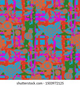 Floral Seamless Pattern with Hand Drawn Flowers and Grunge Brush Strokes for, Curtains, Swimwear, Textile. Mixed, Modern Vector with Geometric and Botanical Elements. Floral Vector Pattern.