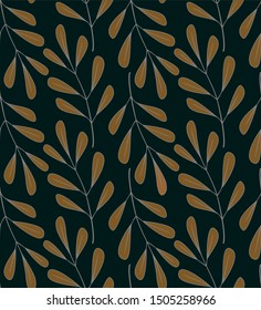 Floral Seamless Pattern. Hand Drawn Plant Pattern With Brown Leaves And Light Outline. Vector Pattern On a Dark Background.