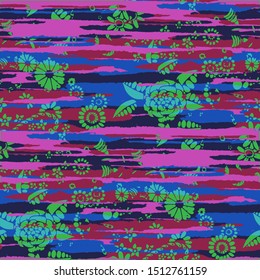 Floral Seamless Pattern with Hand Drawn Flowers and Grunge Brush Strokes for, Dress, Swimwear, Cloth. Mixed, Trendy Vector with Geometric and Botanical Elements. Floral Vector Pattern.