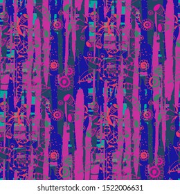 Floral Seamless Pattern with Hand Drawn Flowers and Grunge Brush Strokes for, Tablecloth, Dress, Chintz. Mixed, Girlie Vector with Geometric and Botanical Elements. Floral Vector Pattern.