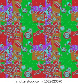 Floral Seamless Pattern with Hand Drawn Flowers and Grunge Brush Strokes for, Shirt, Chintz, Dress. Mixed, Feminine Vector with Geometric and Botanical Elements. Floral Vector Pattern.