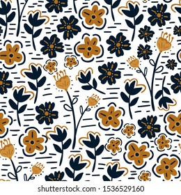floral seamless pattern with hand drawn doodle flowers. Creative floral texture for fabric, wrapping, textile, wallpaper, apparel. Vector illustration