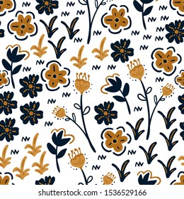 floral seamless pattern with hand drawn doodle flowers. Creative floral texture for fabric, wrapping, textile, wallpaper, apparel. Vector illustration